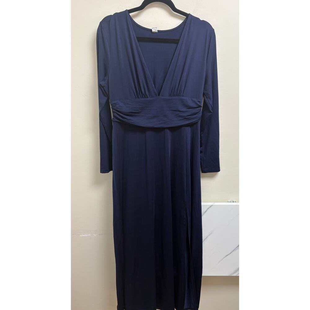 Anrabess Navy Maxi Dress‎ Women’s Large Long Sleeve Deep V Neck Ruched Waist
